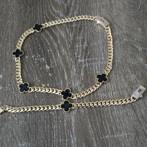 14k Gold Plated Chain Necklace with Black Clover Accents
